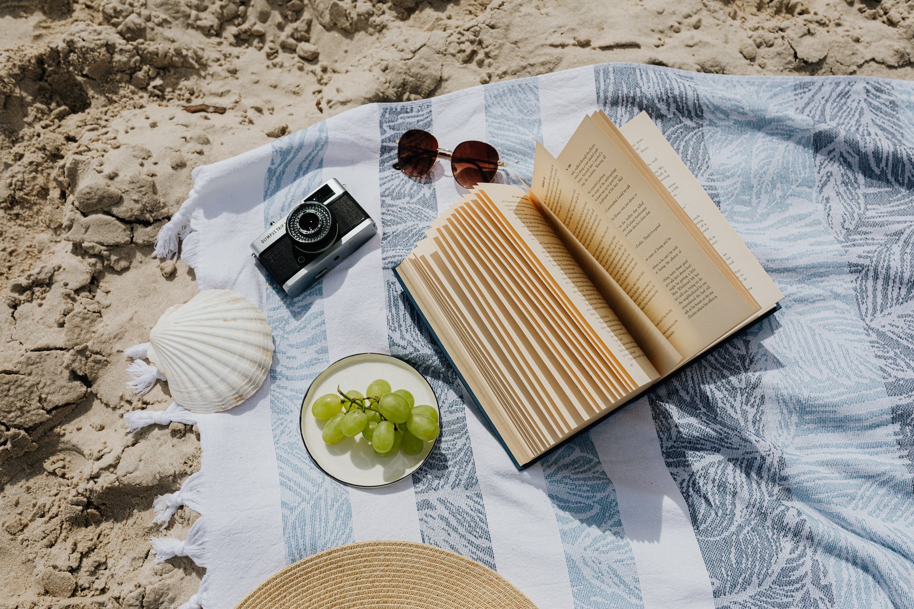 book and camera on a beach towel