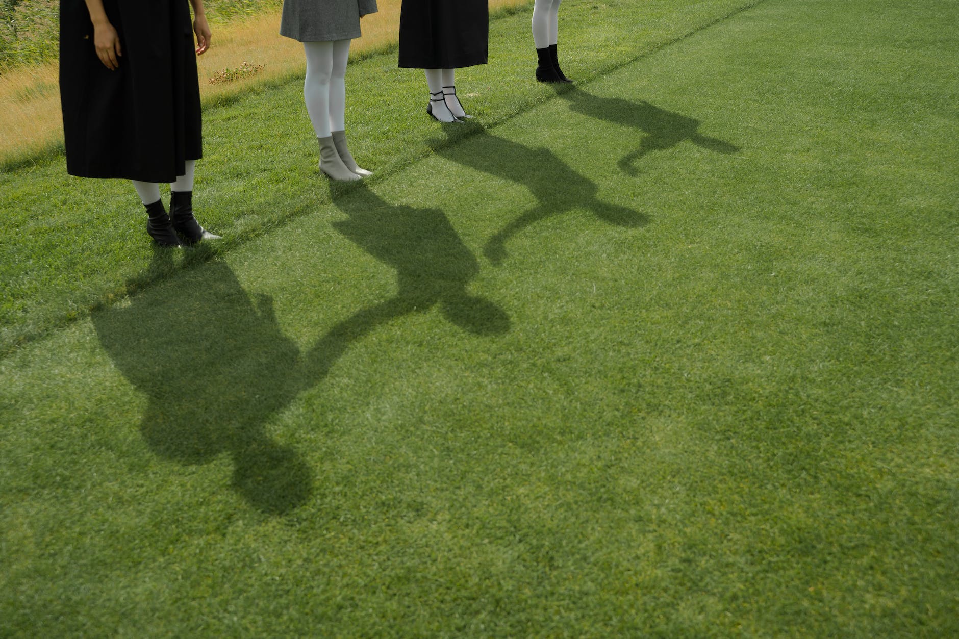 shadow of four people standing on green grass field